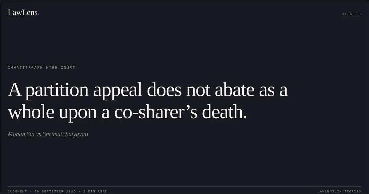 A partition appeal does not abate as a whole upon a co-sharer’s death.. Mohan Sai vs Shrimati Satyavati. Chhattisgarh High Court. LawLens