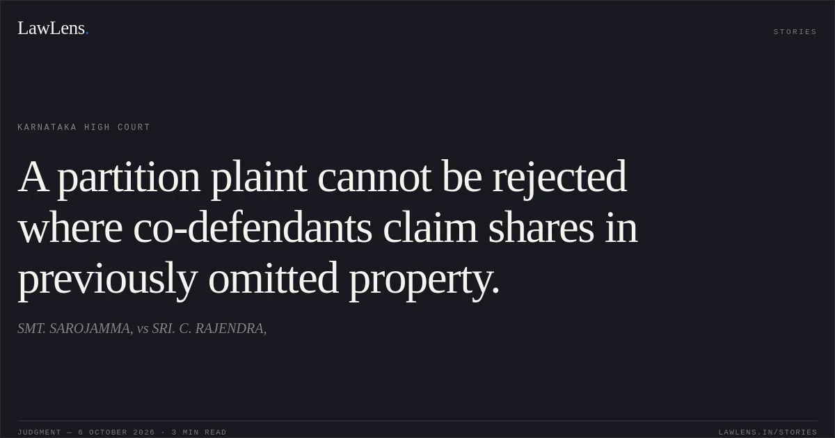 A partition plaint cannot be rejected where co-defendants claim shares in previously omitted property.. SMT. SAROJAMMA, vs SRI. C. RAJENDRA,. Karnataka High Court. LawLens