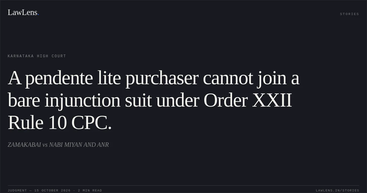 A pendente lite purchaser cannot join a bare injunction suit under Order XXII Rule 10 CPC.. ZAMAKABAI vs NABI MIYAN AND ANR. Karnataka High Court. LawLens