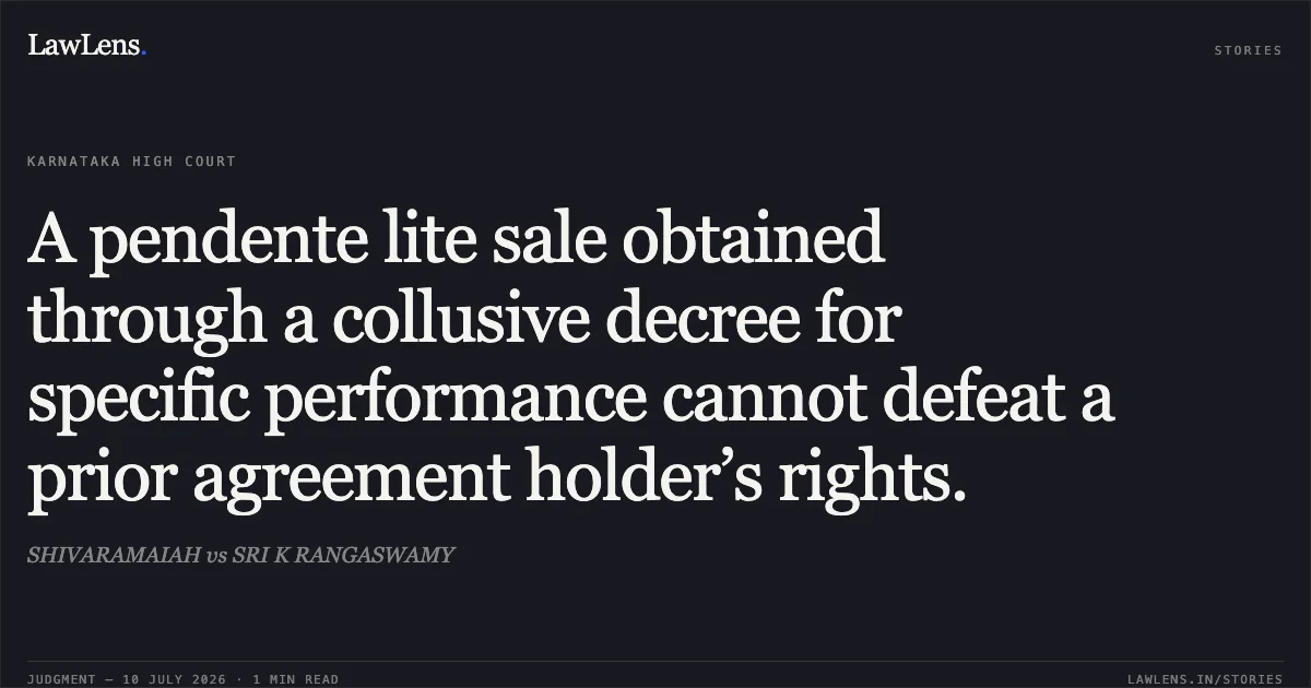 A pendente lite sale obtained through a collusive decree for specific performance cannot defeat a prior agreement holder’s rights.. SHIVARAMAIAH vs SRI K RANGASWAMY. Karnataka High Court. LawLens