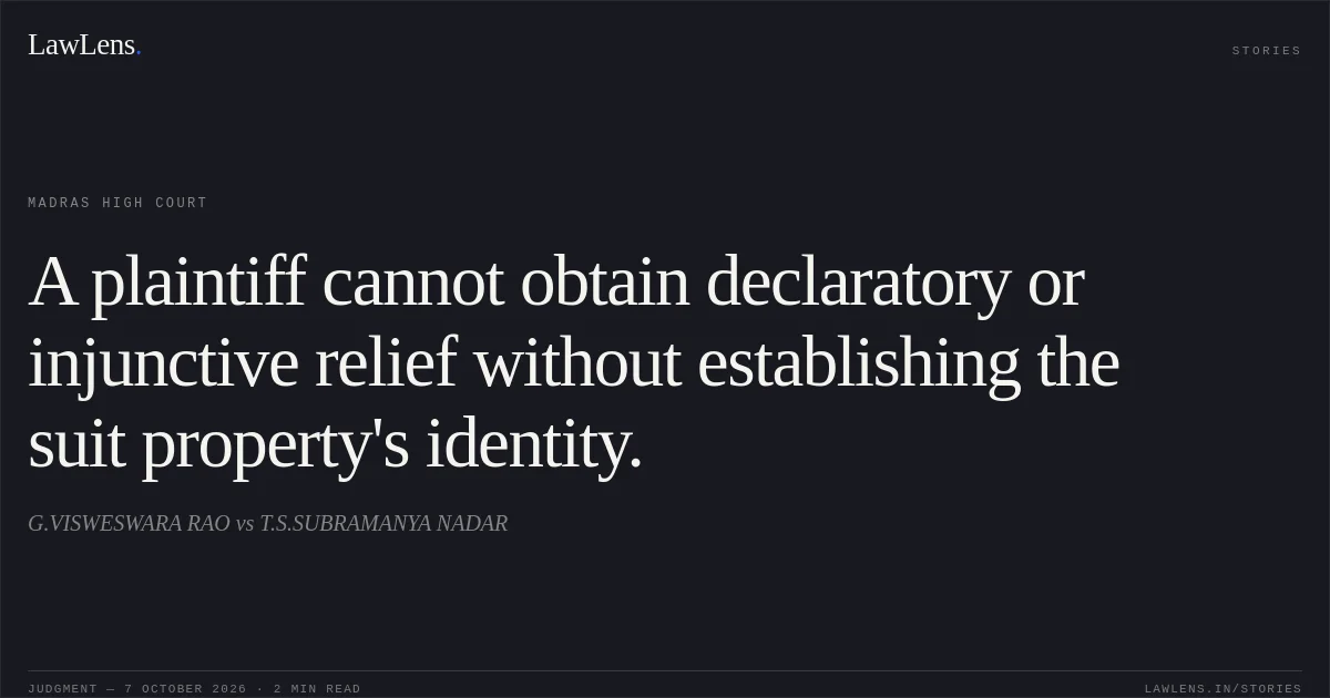 A plaintiff cannot obtain declaratory or injunctive relief without establishing the suit property's identity.. G.VISWESWARA RAO vs T.S.SUBRAMANYA NADAR. Madras High Court. LawLens