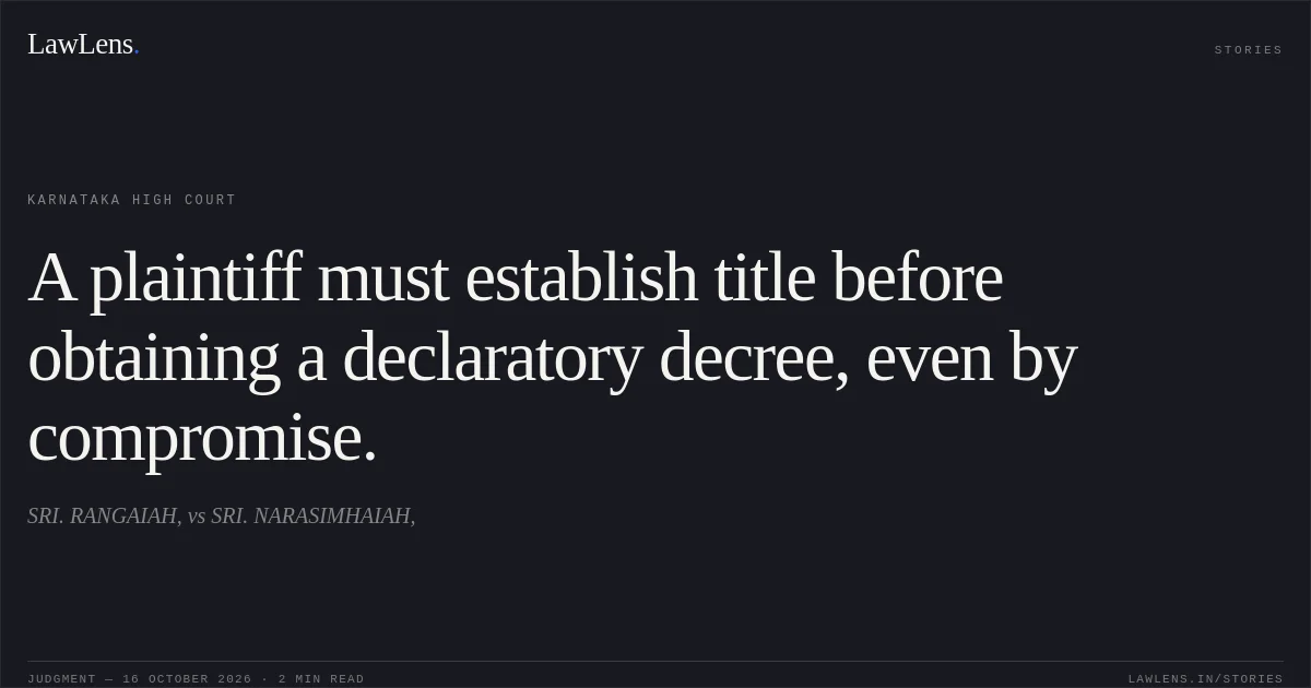 A plaintiff must establish title before obtaining a declaratory decree, even by compromise.. SRI. RANGAIAH, vs SRI. NARASIMHAIAH,. Karnataka High Court. LawLens