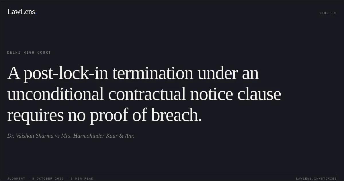 A post-lock-in termination under an unconditional contractual notice clause requires no proof of breach.. Dr. Vaishali Sharma vs Mrs. Harmohinder Kaur & Anr.. Delhi High Court. LawLens