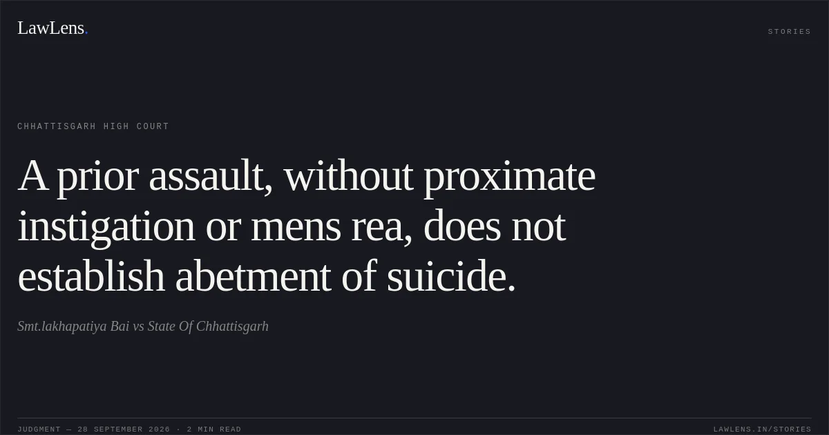 A prior assault, without proximate instigation or mens rea, does not establish abetment of suicide.. Smt.lakhapatiya Bai vs State Of Chhattisgarh. Chhattisgarh High Court. LawLens
