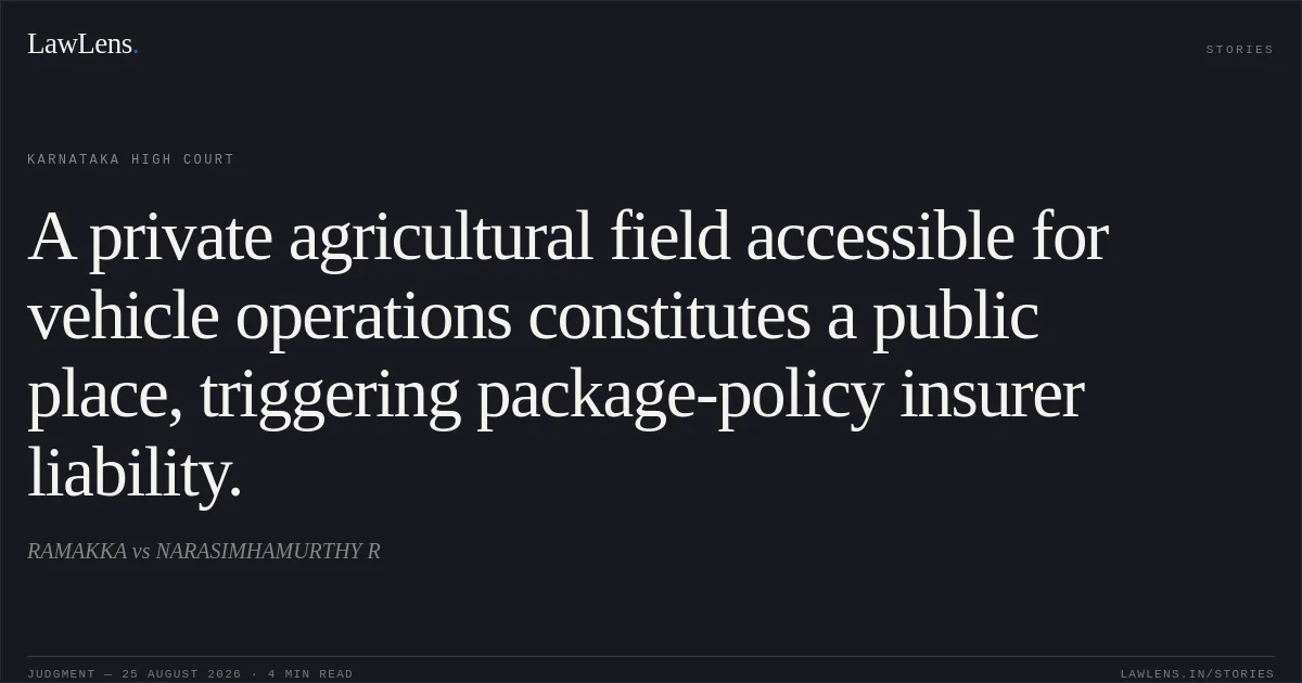 A private agricultural field accessible for vehicle operations constitutes a public place, triggering package-policy insurer liability.. RAMAKKA vs NARASIMHAMURTHY R. Karnataka High Court. LawLens