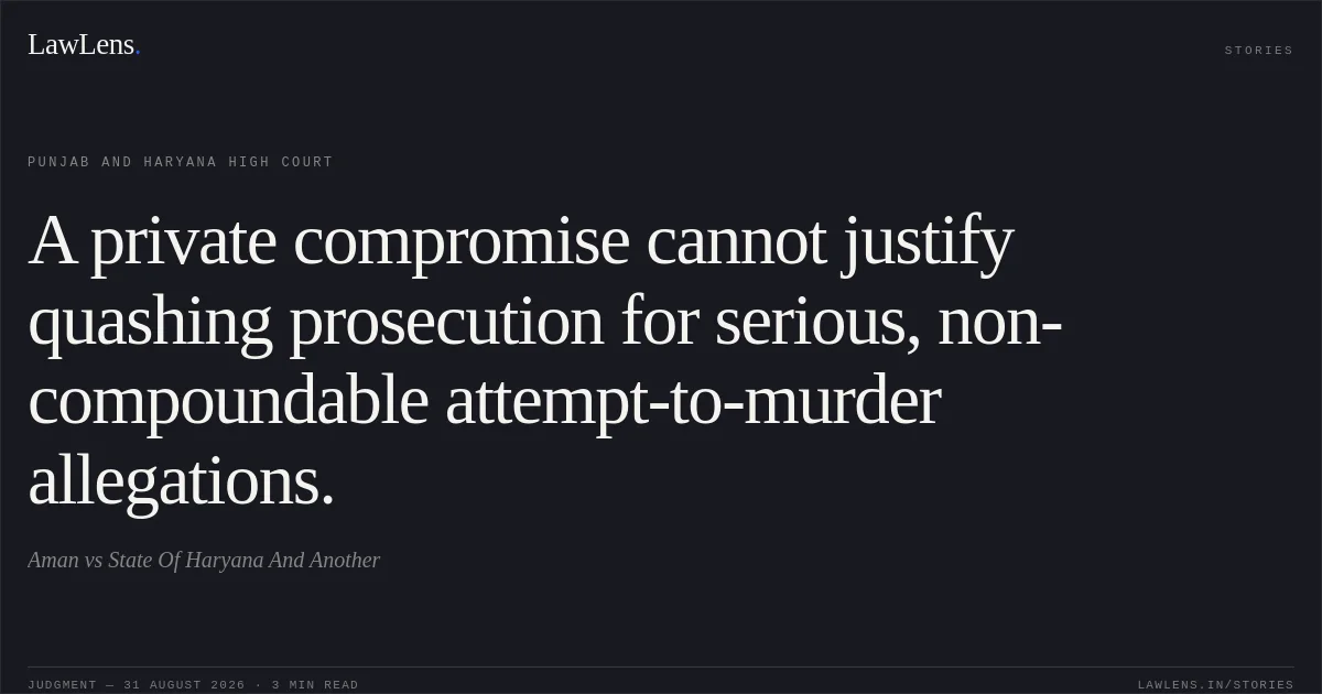 A private compromise cannot justify quashing prosecution for serious, non-compoundable attempt-to-murder allegations.. Aman vs State Of Haryana And Another. Punjab and Haryana High Court. LawLens