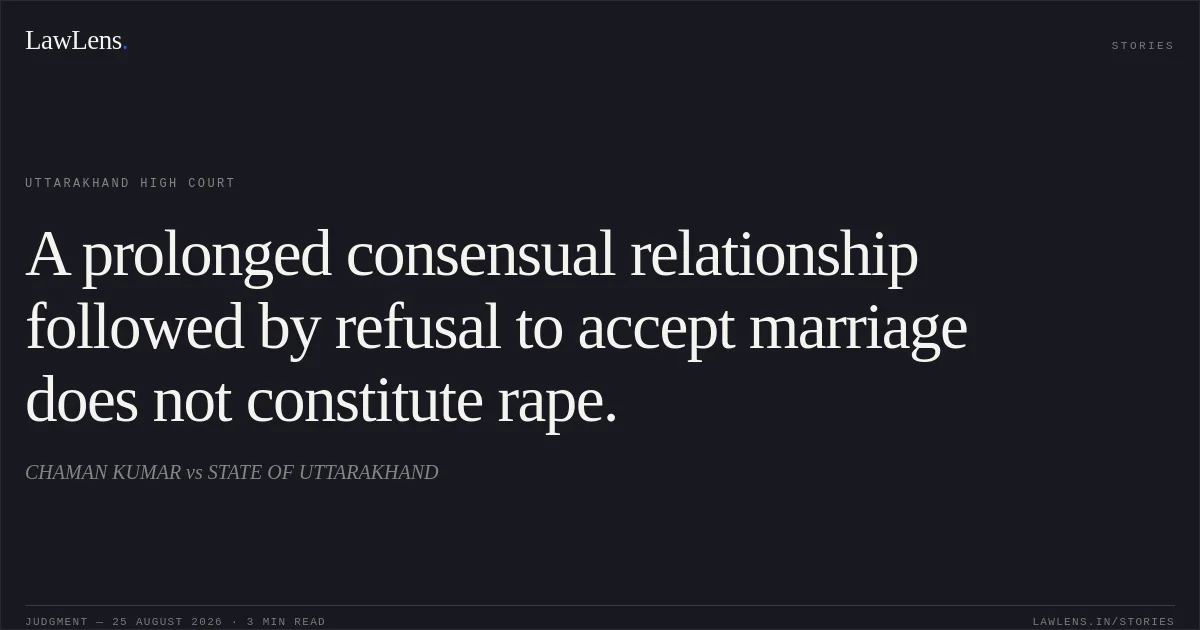 A prolonged consensual relationship followed by refusal to accept marriage does not constitute rape.. CHAMAN KUMAR vs STATE OF UTTARAKHAND. Uttarakhand High Court. LawLens