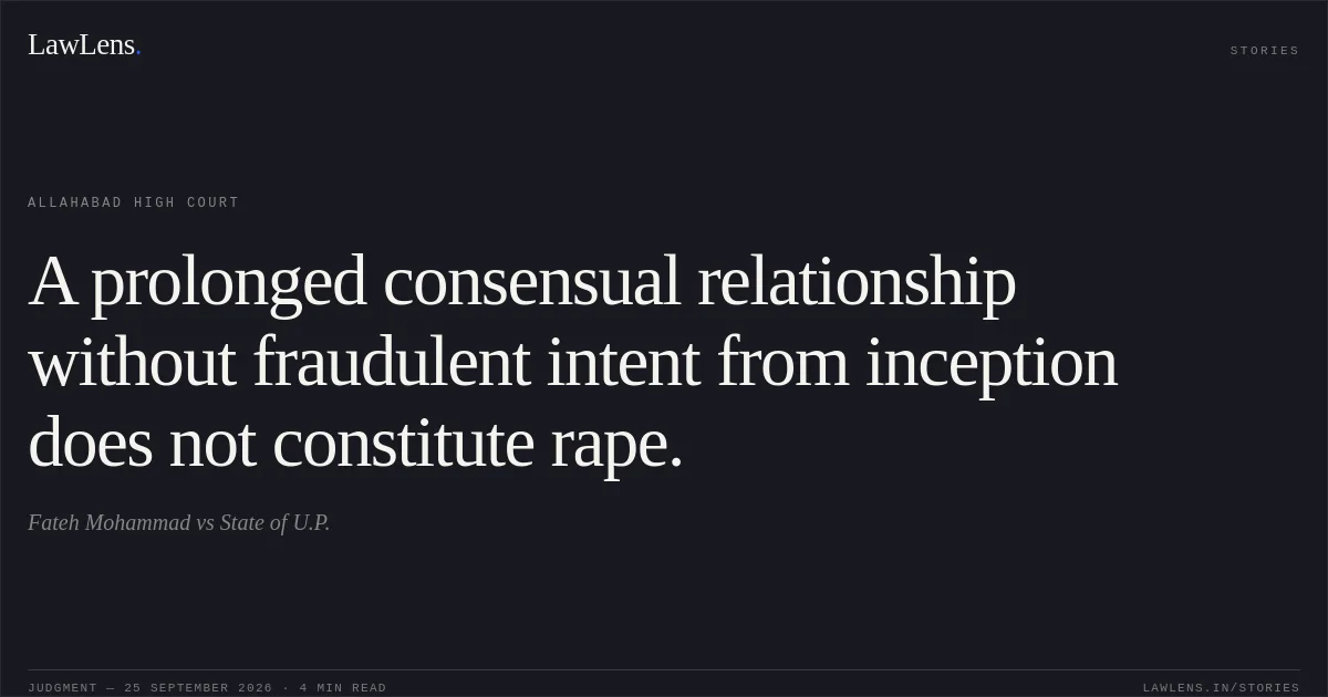 A prolonged consensual relationship without fraudulent intent from inception does not constitute rape.. Fateh Mohammad vs State of U.P.. Allahabad High Court. LawLens