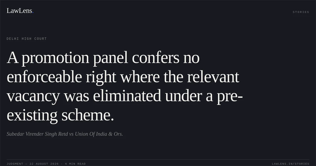 A promotion panel confers no enforceable right where the relevant vacancy was eliminated under a pre-existing scheme.. Subedar Virender Singh Retd vs Union Of India  & Ors.. Delhi High Court. LawLens