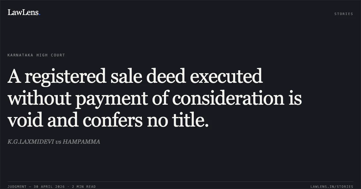 A registered sale deed executed without payment of consideration is void and confers no title.. K.G.LAXMIDEVI vs HAMPAMMA. Karnataka High Court. LawLens