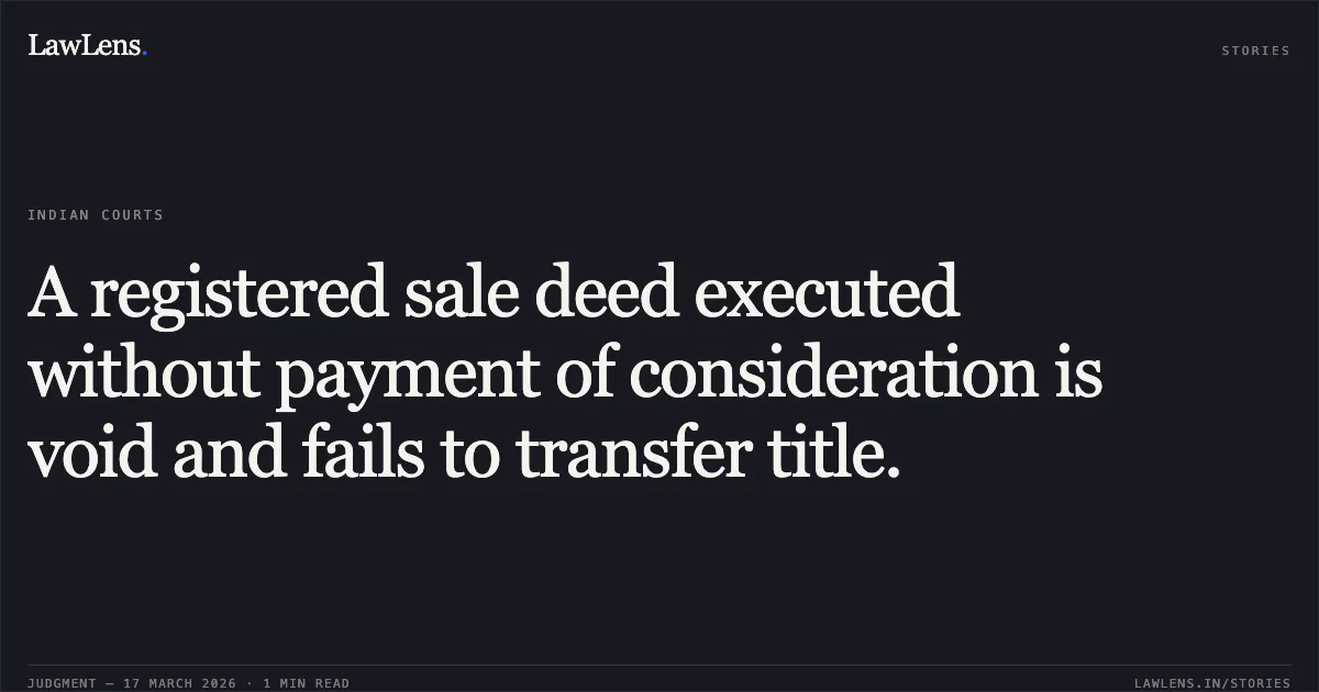 A registered sale deed executed without payment of consideration is void and fails to transfer title.. SATYANAND MOHAN RAJU(Legal Heir) vs SHIVJEE SHARMA. Jharkhand High Court. LawLens