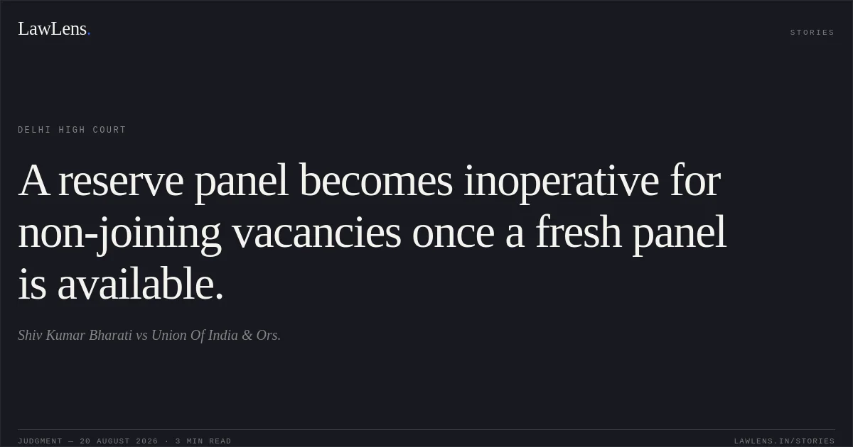 A reserve panel becomes inoperative for non-joining vacancies once a fresh panel is available.. Shiv Kumar Bharati vs Union Of India & Ors.. Delhi High Court. LawLens