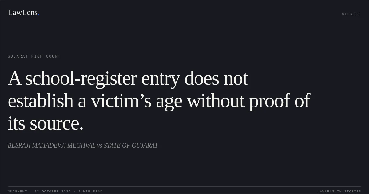 A school-register entry does not establish a victim’s age without proof of its source.. BESRAJI MAHADEVJI MEGHVAL vs STATE OF GUJARAT. Gujarat High Court. LawLens