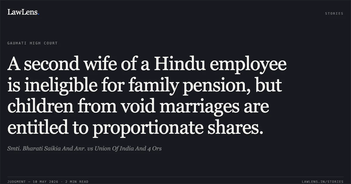 A second wife of a Hindu employee is ineligible for family pension, but children from void marriages are entitled to proportionate shares.. Smti. Bharati Saikia And Anr. vs Union Of India And 4 Ors. Gauhati High Court. LawLens