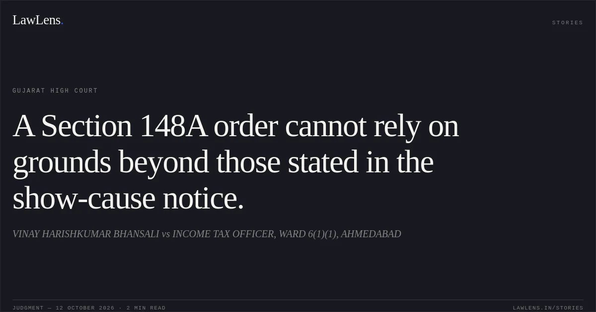 A Section 148A order cannot rely on grounds beyond those stated in the show-cause notice.. VINAY HARISHKUMAR BHANSALI vs INCOME TAX OFFICER, WARD 6(1)(1), AHMEDABAD. Gujarat High Court. LawLens