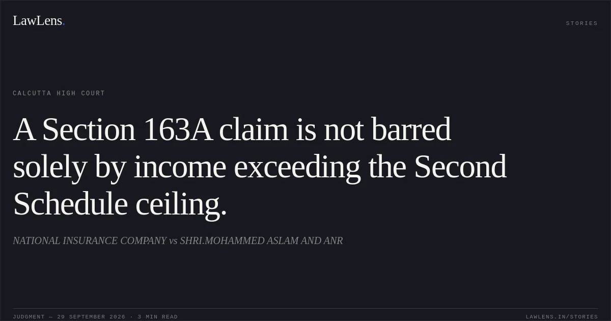 A Section 163A claim is not barred solely by income exceeding the Second Schedule ceiling.. NATIONAL INSURANCE COMPANY vs SHRI.MOHAMMED ASLAM AND ANR. Calcutta High Court. LawLens
