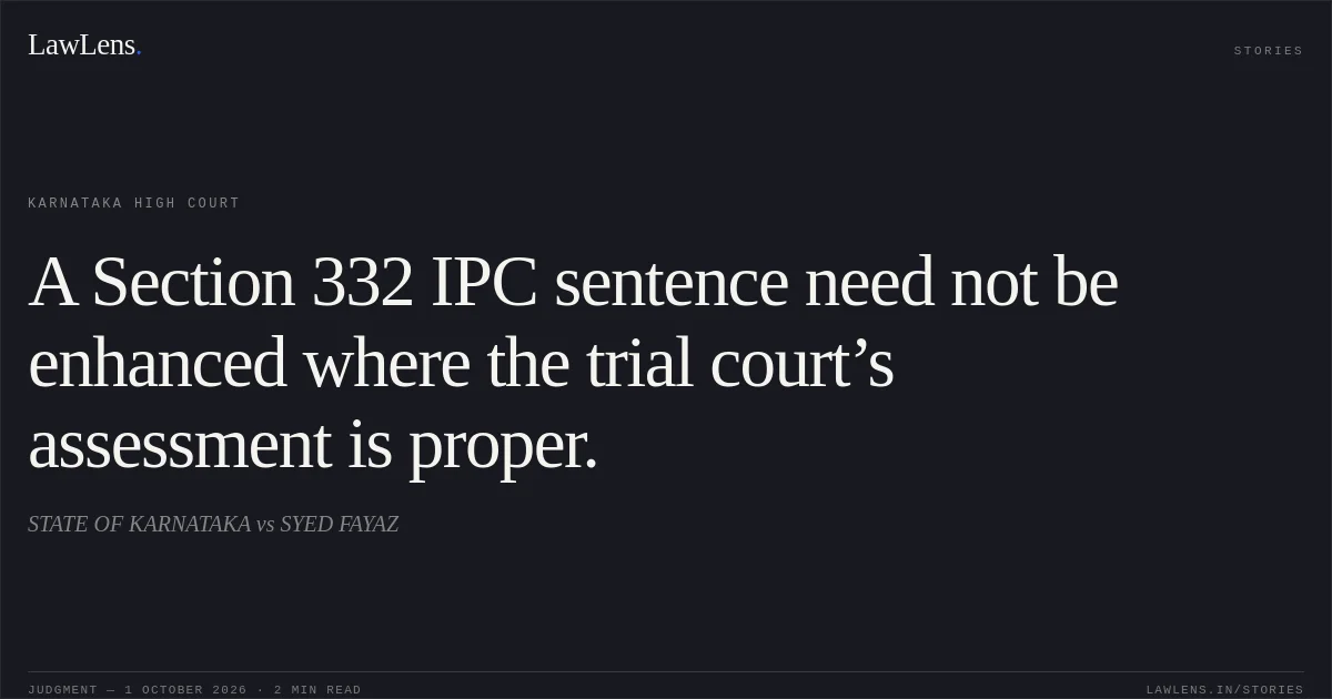 A Section 332 IPC sentence need not be enhanced where the trial court’s assessment is proper.. STATE OF KARNATAKA vs SYED FAYAZ. Karnataka High Court. LawLens