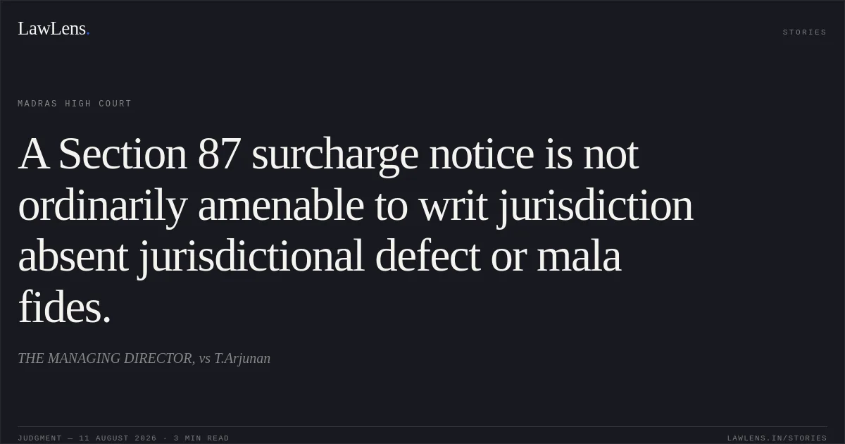 A Section 87 surcharge notice is not ordinarily amenable to writ jurisdiction absent jurisdictional defect or mala fides.. THE MANAGING DIRECTOR, vs T.Arjunan. Madras High Court. LawLens