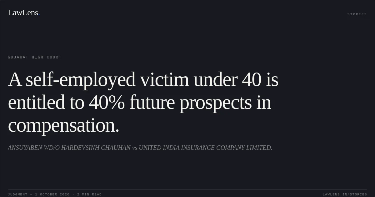 A self-employed victim under 40 is entitled to 40% future prospects in compensation.. ANSUYABEN WD/O HARDEVSINH CHAUHAN vs UNITED INDIA INSURANCE COMPANY LIMITED.. Gujarat High Court. LawLens