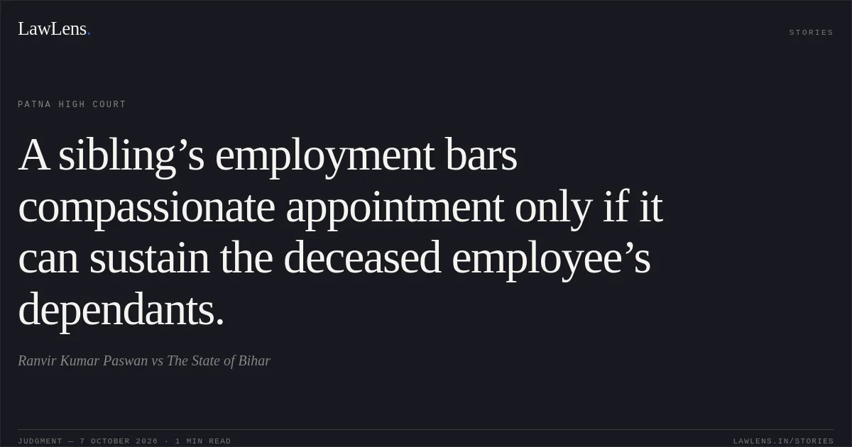 A sibling’s employment bars compassionate appointment only if it can sustain the deceased employee’s dependants.. Ranvir Kumar Paswan vs The State of Bihar. Patna High Court. LawLens