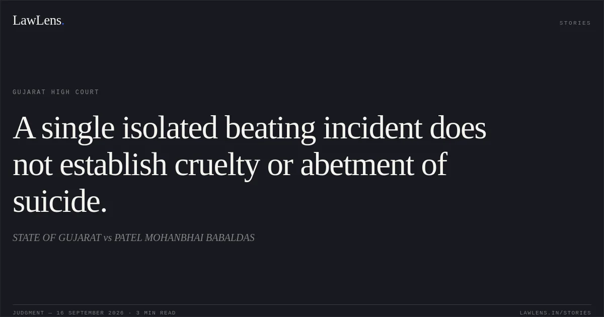 A single isolated beating incident does not establish cruelty or abetment of suicide.. STATE OF GUJARAT vs PATEL MOHANBHAI BABALDAS. Gujarat High Court. LawLens