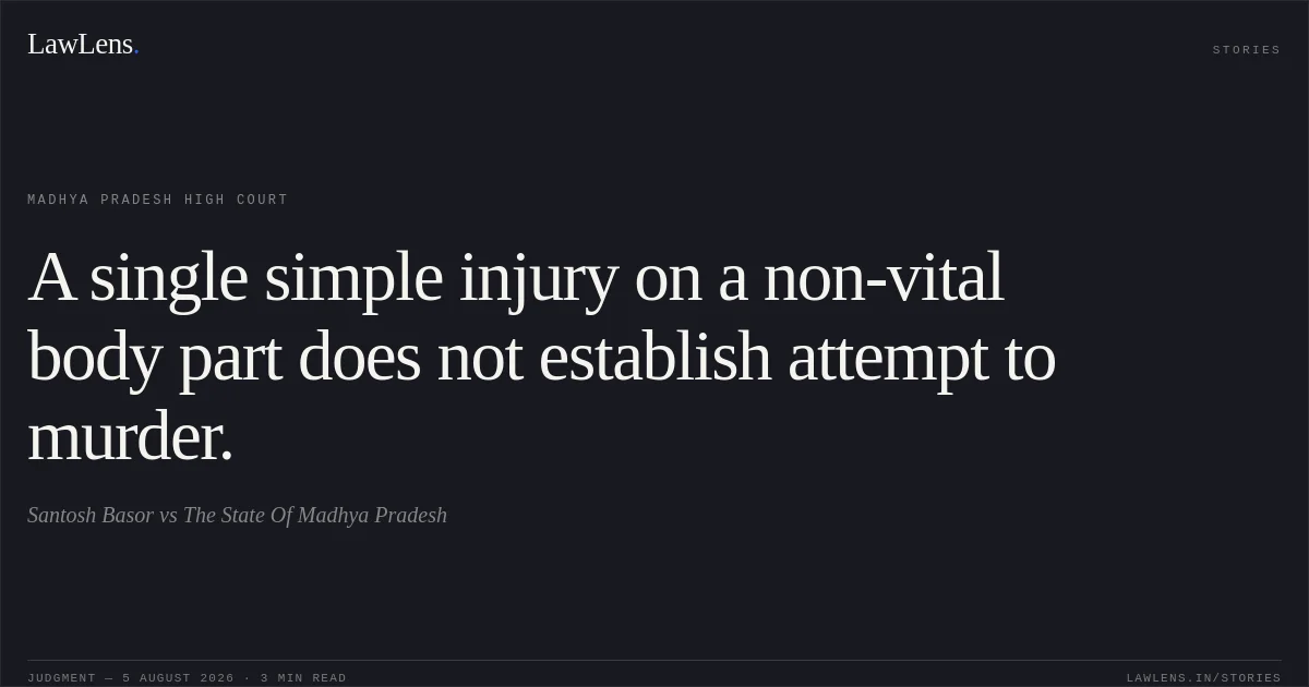 A single simple injury on a non-vital body part does not establish attempt to murder.. Santosh Basor vs The State Of Madhya Pradesh. Madhya Pradesh High Court. LawLens