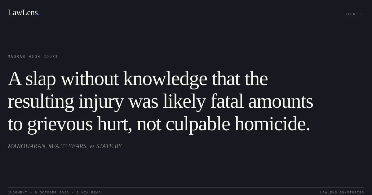 A slap without knowledge that the resulting injury was likely fatal amounts to grievous hurt, not culpable homicide.. MANOHARAN, M/A.33 YEARS, vs STATE BY,. Madras High Court. LawLens