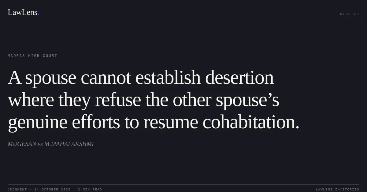 A spouse cannot establish desertion where they refuse the other spouse’s genuine efforts to resume cohabitation.. MUGESAN vs M.MAHALAKSHMI. Madras High Court. LawLens