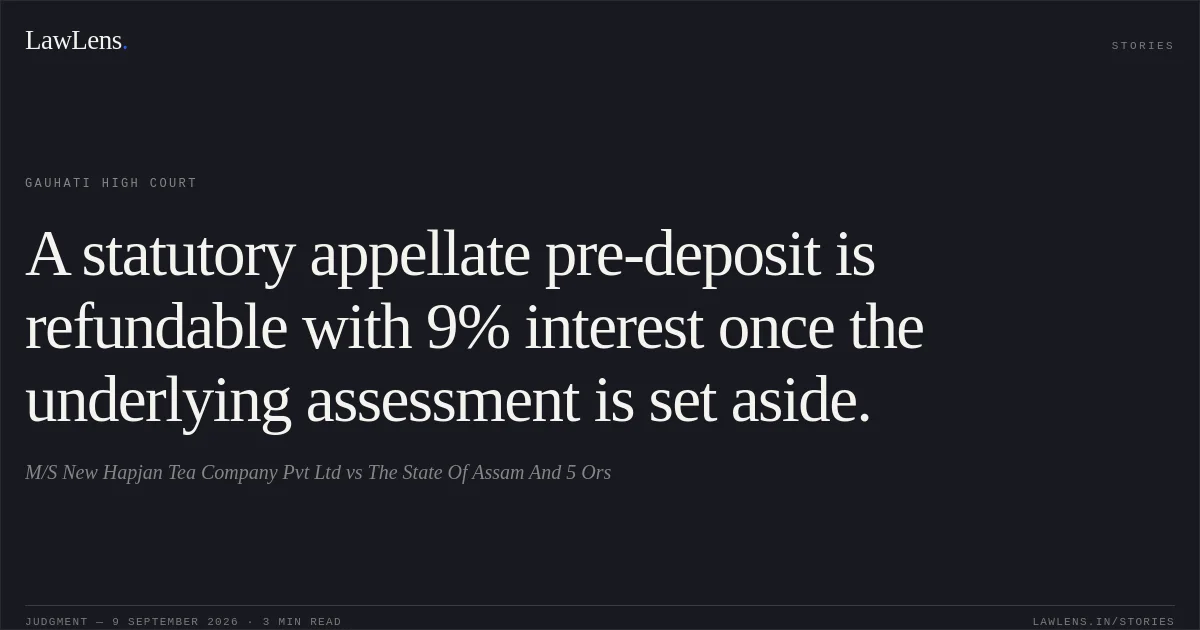 A statutory appellate pre-deposit is refundable with 9% interest once the underlying assessment is set aside.. M/S New Hapjan Tea Company Pvt Ltd vs The State Of Assam And 5 Ors. Gauhati High Court. LawLens