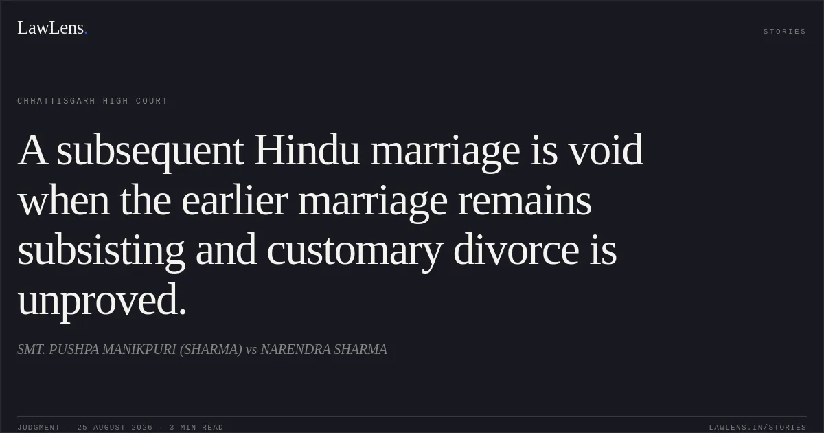 A subsequent Hindu marriage is void when the earlier marriage remains subsisting and customary divorce is unproved.. SMT. PUSHPA MANIKPURI (SHARMA) vs NARENDRA SHARMA. Chhattisgarh High Court. LawLens