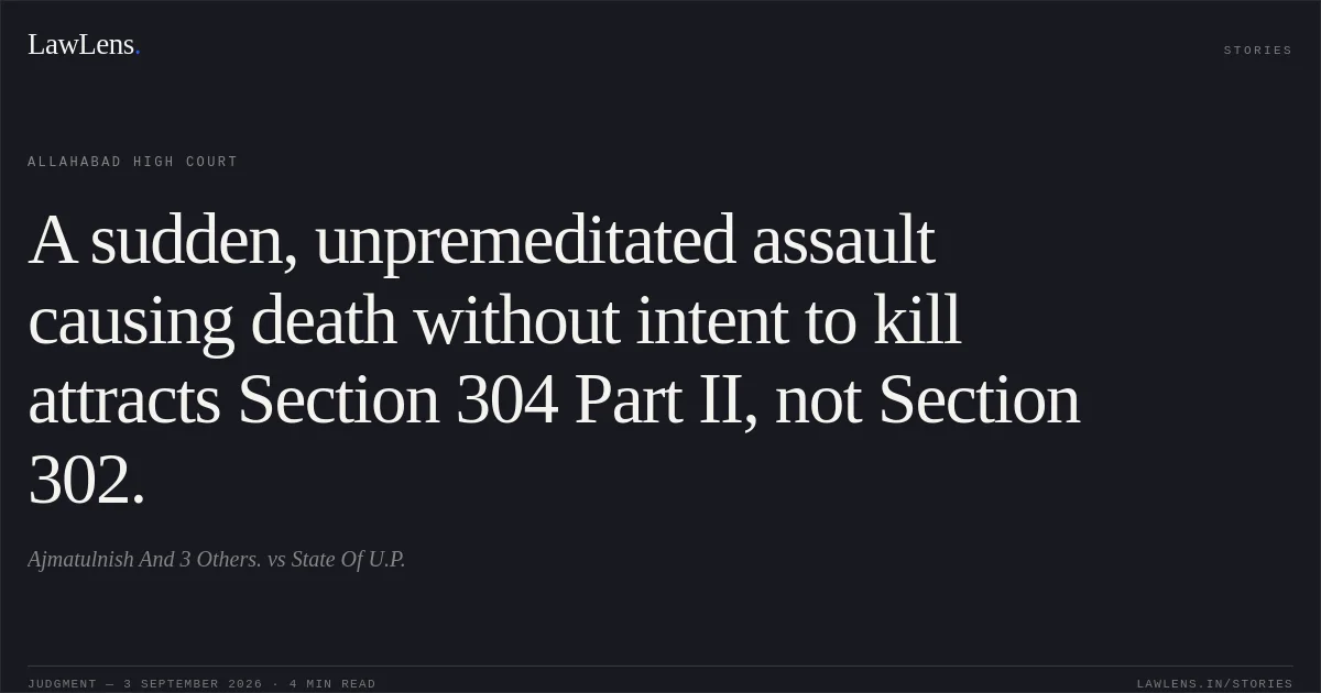 A sudden, unpremeditated assault causing death without intent to kill attracts Section 304 Part II, not Section 302.. Ajmatulnish And 3 Others. vs State Of U.P.. Allahabad High Court. LawLens