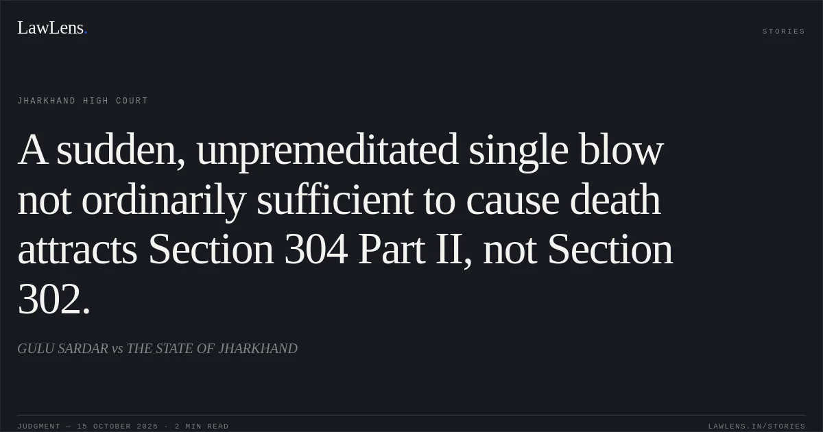 A sudden, unpremeditated single blow not ordinarily sufficient to cause death attracts Section 304 Part II, not Section 302.. GULU SARDAR vs THE STATE OF JHARKHAND. Jharkhand High Court. LawLens