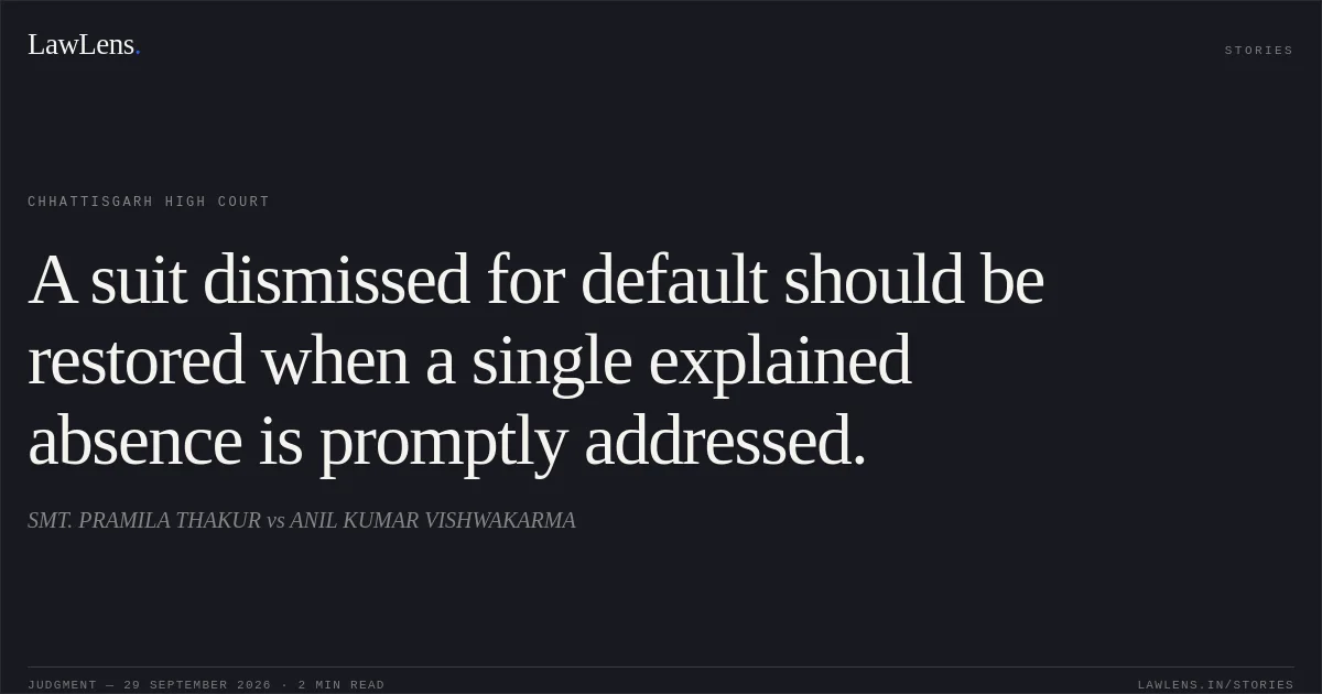 A suit dismissed for default should be restored when a single explained absence is promptly addressed.. SMT. PRAMILA THAKUR vs ANIL KUMAR VISHWAKARMA. Chhattisgarh High Court. LawLens