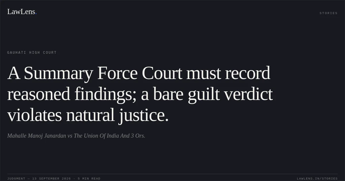 A Summary Force Court must record reasoned findings; a bare guilt verdict violates natural justice.. Mahalle Manoj Janardan vs The Union Of India And 3 Ors.. Gauhati High Court. LawLens