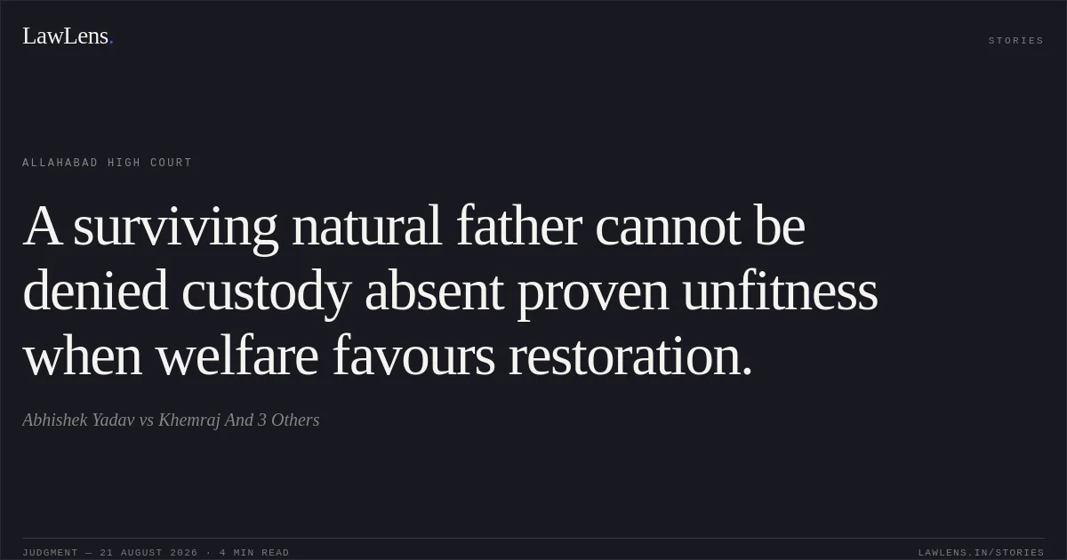 A surviving natural father cannot be denied custody absent proven unfitness when welfare favours restoration.. Abhishek Yadav vs Khemraj And 3 Others. Allahabad High Court. LawLens