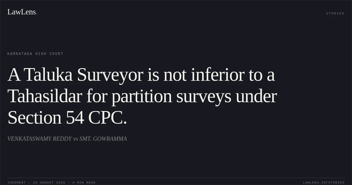 A Taluka Surveyor is not inferior to a Tahasildar for partition surveys under Section 54 CPC.. VENKATASWAMY REDDY vs SMT. GOWRAMMA. Karnataka High Court. LawLens