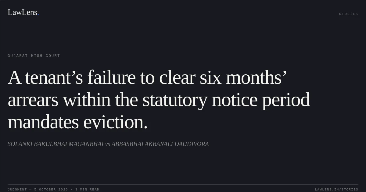 A tenant’s failure to clear six months’ arrears within the statutory notice period mandates eviction.. SOLANKI BAKULBHAI MAGANBHAI vs ABBASBHAI AKBARALI DAUDIVORA. Gujarat High Court. LawLens