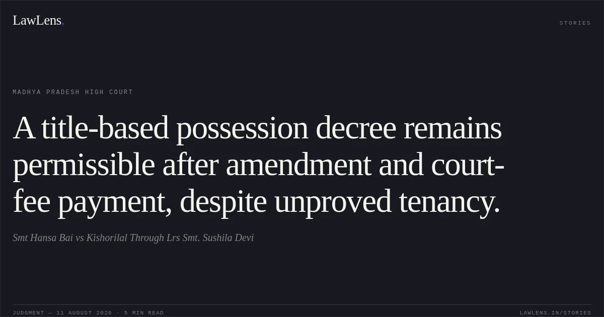 A title-based possession decree remains permissible after amendment and court-fee payment, despite unproved tenancy.. Smt Hansa Bai vs Kishorilal Through Lrs Smt. Sushila Devi. Madhya Pradesh High Court. LawLens