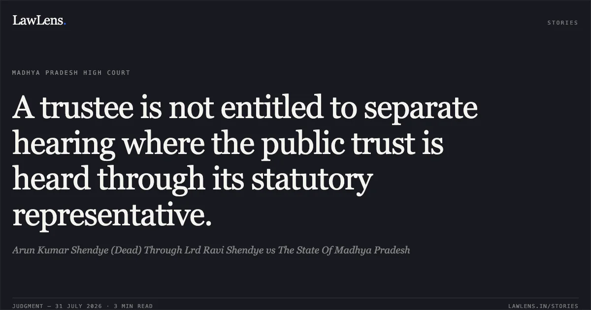 A trustee is not entitled to separate hearing where the public trust is heard through its statutory representative.. Arun Kumar Shendye (Dead) Through Lrd Ravi Shendye vs The State Of Madhya Pradesh. Madhya Pradesh High Court. LawLens