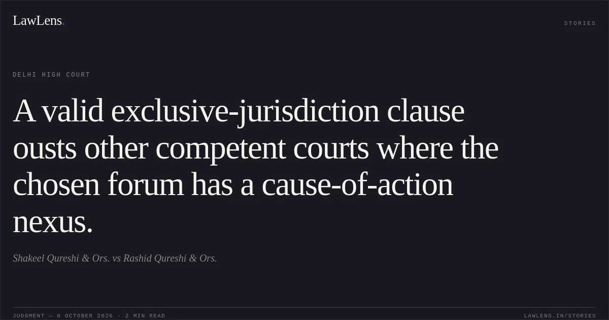 A valid exclusive-jurisdiction clause ousts other competent courts where the chosen forum has a cause-of-action nexus.. Shakeel Qureshi & Ors. vs Rashid Qureshi & Ors.. Delhi High Court. LawLens