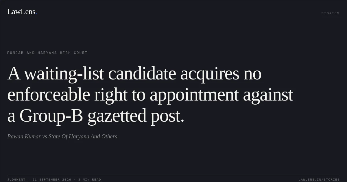 A waiting-list candidate acquires no enforceable right to appointment against a Group-B gazetted post.. Pawan Kumar vs State Of Haryana And Others. Punjab and Haryana High Court. LawLens