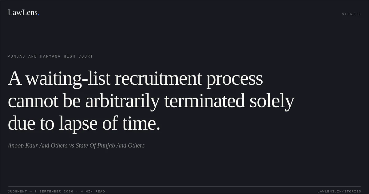 A waiting-list recruitment process cannot be arbitrarily terminated solely due to lapse of time.. Anoop Kaur And Others vs State Of Punjab And Others. Punjab and Haryana High Court. LawLens