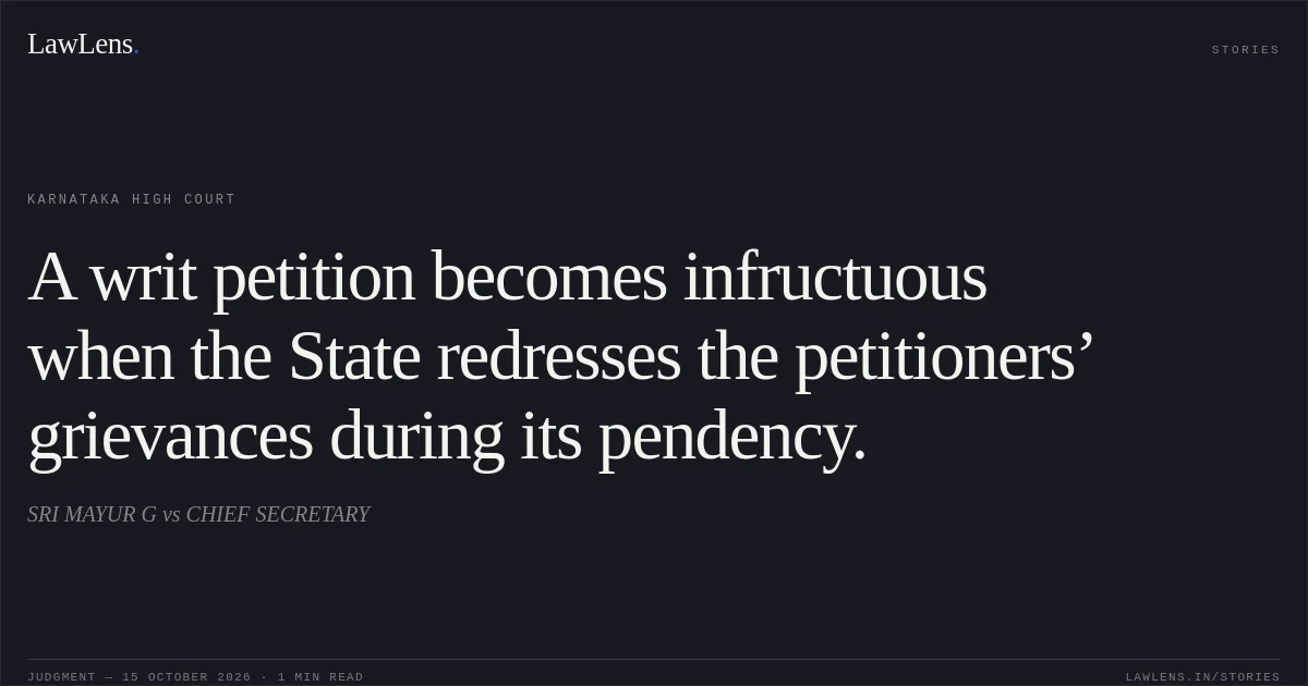 A writ petition becomes infructuous when the State redresses the petitioners’ grievances during its pendency.. SRI MAYUR G vs CHIEF SECRETARY. Karnataka High Court. LawLens
