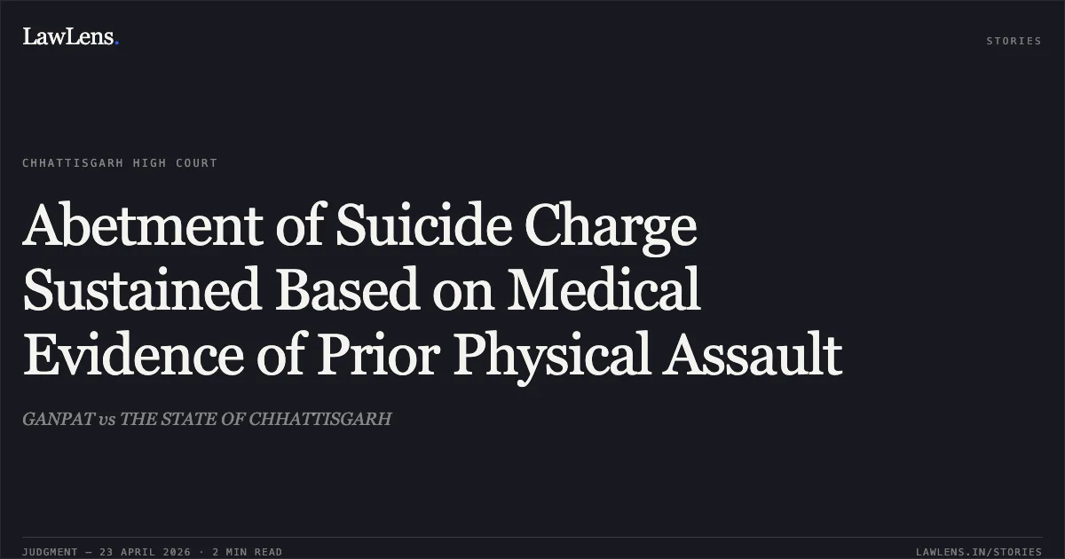 Abetment of Suicide Charge Sustained Based on Medical Evidence of Prior Physical Assault. GANPAT vs THE STATE OF CHHATTISGARH. Chhattisgarh High Court. LawLens