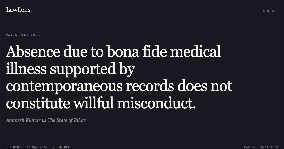 Absence due to bona fide medical illness supported by contemporaneous records does not constitute willful misconduct.. Animesh Kumar vs The State of Bihar. Patna High Court. LawLens