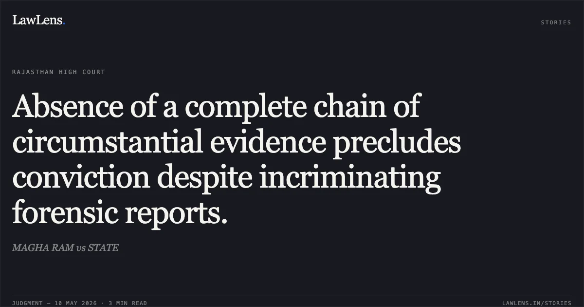 Absence of a complete chain of circumstantial evidence precludes conviction despite incriminating forensic reports.. MAGHA RAM vs STATE. Rajasthan High Court. LawLens