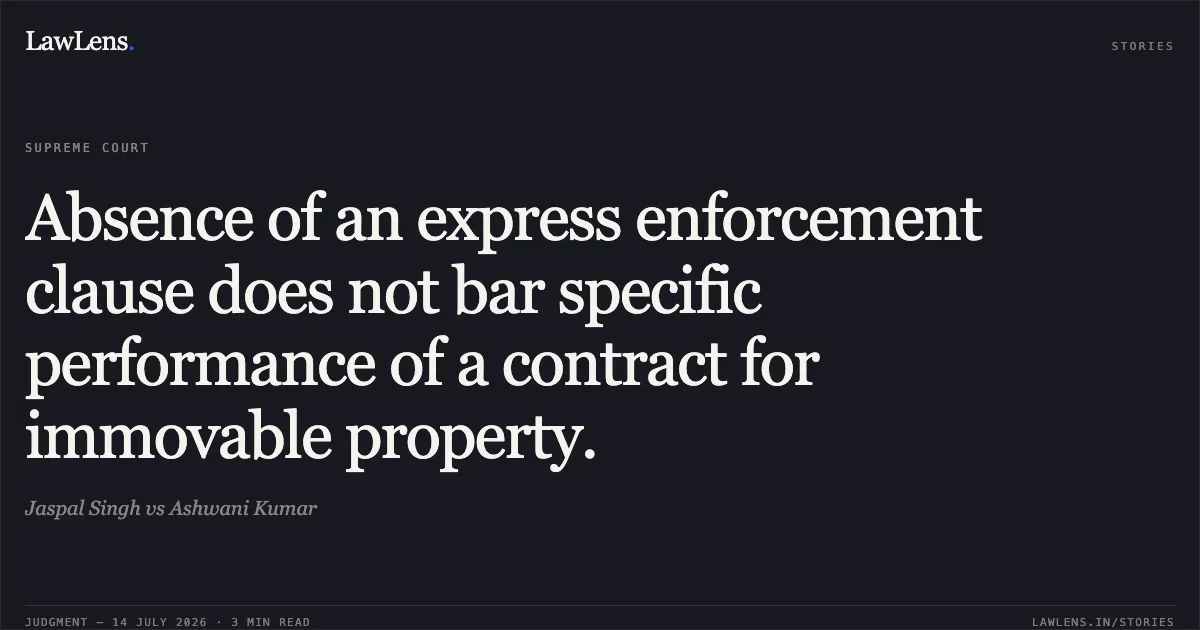 Absence of an express enforcement clause does not bar specific performance of a contract for immovable property.. Jaspal Singh vs Ashwani Kumar. Supreme Court. LawLens