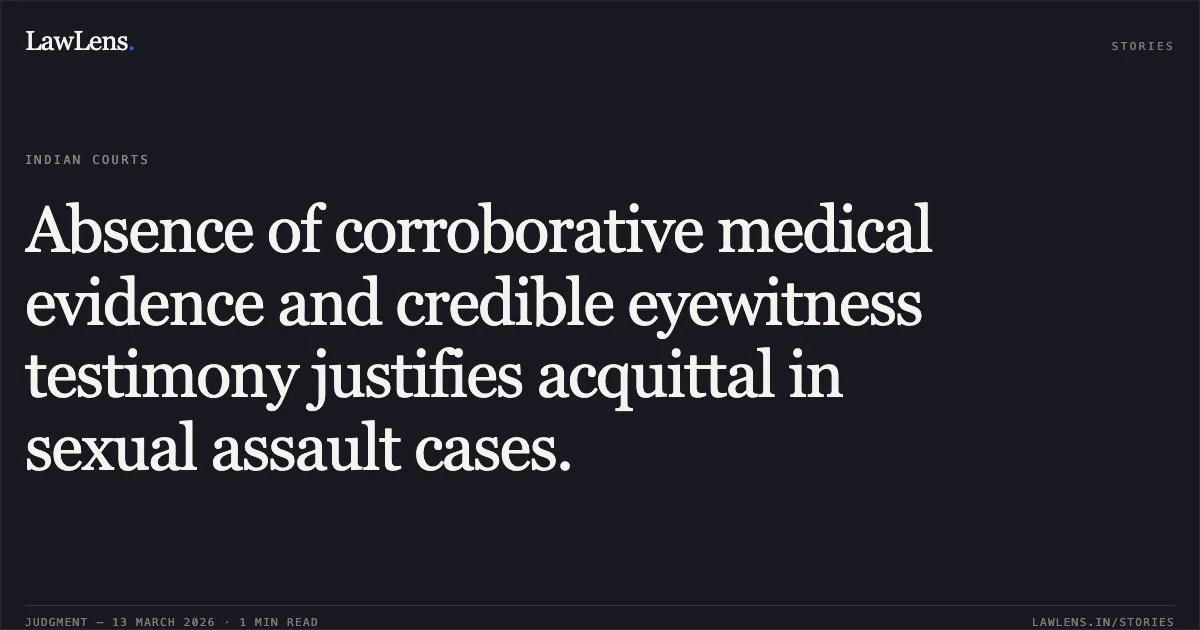 Absence of corroborative medical evidence and credible eyewitness testimony justifies acquittal in sexual assault cases.. State of Chhattisgarh v. Shahil Bhardwaj [2026:CGHC:11364-DB]. Chhattisgarh High Court. LawLens