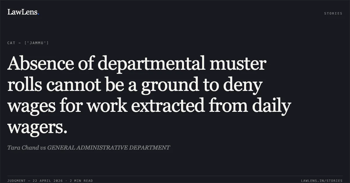Absence of departmental muster rolls cannot be a ground to deny wages for work extracted from daily wagers.. Tara Chand vs GENERAL ADMINISTRATIVE DEPARTMENT. Central Administrative Tribunal. LawLens