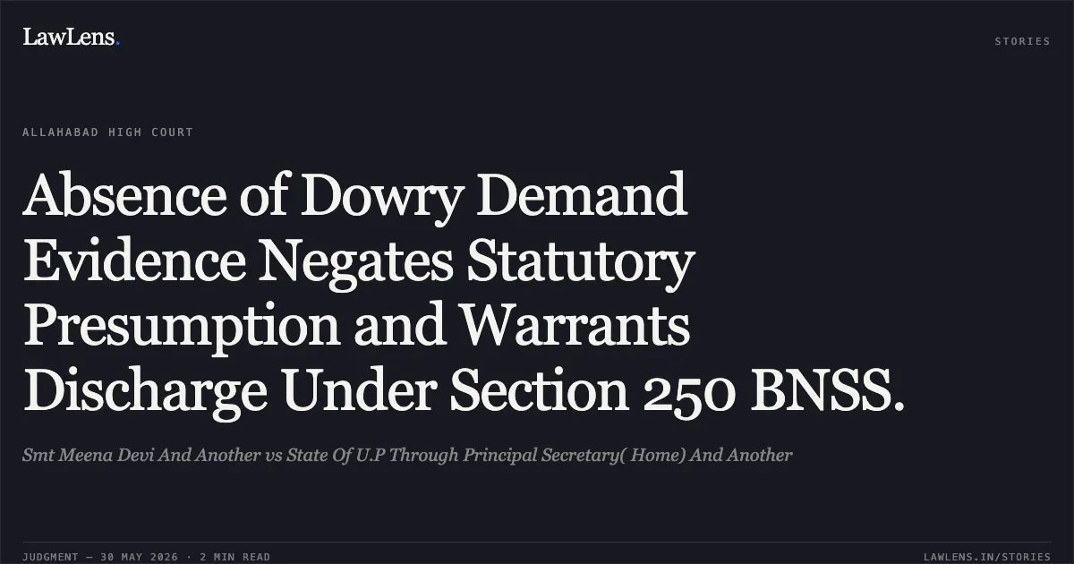 Absence of Dowry Demand Evidence Negates Statutory Presumption and Warrants Discharge Under Section 250 BNSS.. Smt Meena Devi And Another vs State Of U.P Through Principal Secretary( Home) And Another. Allahabad High Court. LawLens